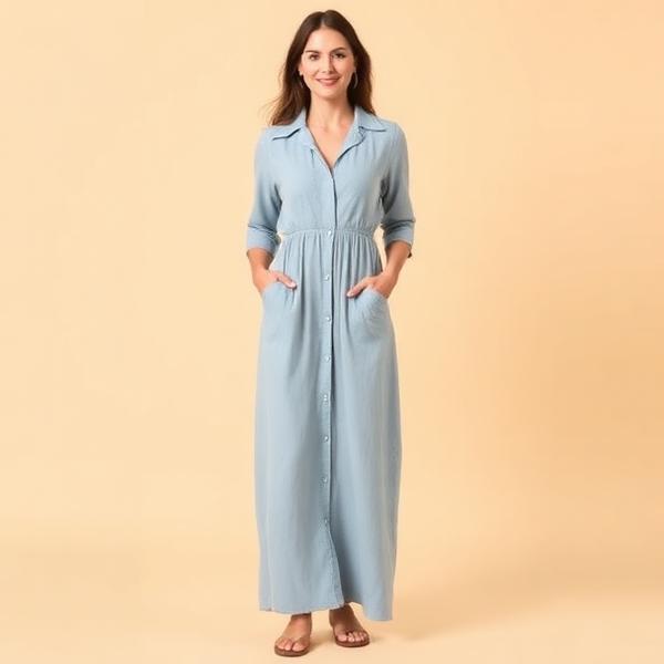 Casual V-neck Buttoned Long Dress For Women — Spring Collection